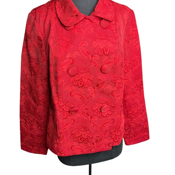 Talbots Jacket Pea Coat Large Red Floral Brocade Double Breasted Fully Lined - Picture 4 of 16